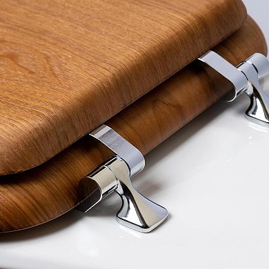 Round Oak Veneer Toilet Seat with Chrome Hinges, Natural Wood Easy-Clean