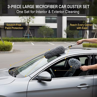 Scratch-Free Large Car Duster Set 3-Pack, Microfiber Extendable for Interior & Exterior Dust Removal