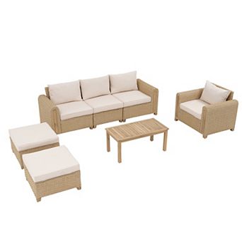 SUNSITT 7 pc Patio Furniture Set Outdoor Wicker Modular Sectional with Acacia Wood Accents