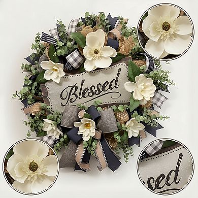 Spring Summer Wreath for Front Door Farmhouse Magnolia Decor