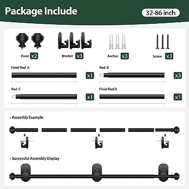 Curtain Rods No Drilling for Windows 32 to 86 Inches, 5/8 Inch Adjustable Renter Friendly Curain