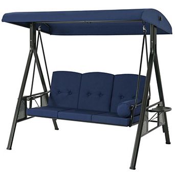 3 Person Metal Patio Swing with Removable Cushion and Cup Holder Outdoor Porch Swing Chair