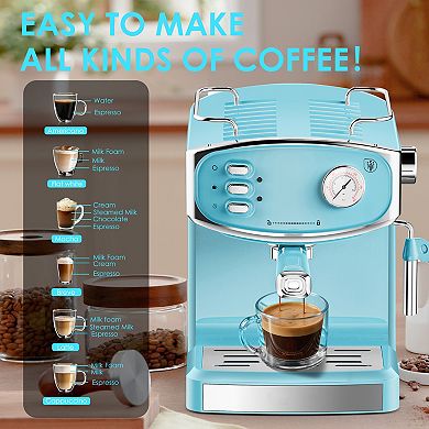 20 Bar Espresso Machine with Steam Wand Pressure Gauge 54 oz Water Tank