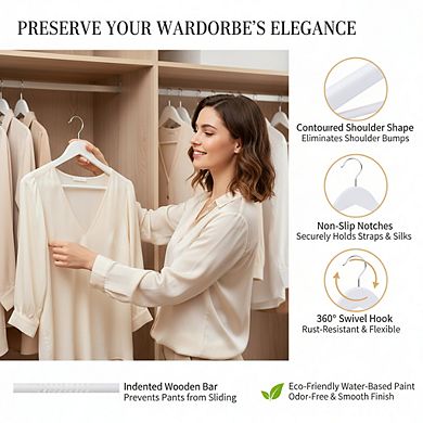 White Wooden Clothes Hangers 20-Pack, Durable Classic Suit Hangers
