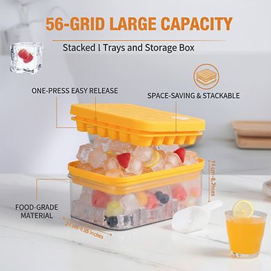 Stackable Ice Cube Tray 56 Cubes with Lid & Bin, Silicone Bottom Easy-Release for Cocktails Coffee