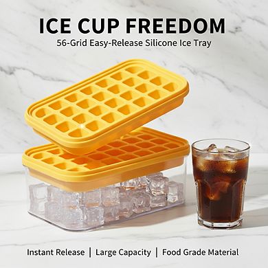 Stackable Ice Cube Tray 56 Cubes with Lid & Bin, Silicone Bottom Easy-Release for Cocktails Coffee