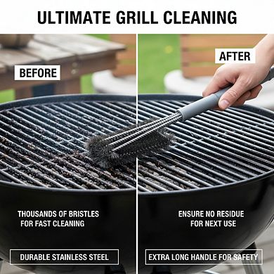 Stainless Steel BBQ Grill Brush 18", Wire Bristles with Comfort Grip & Scraper