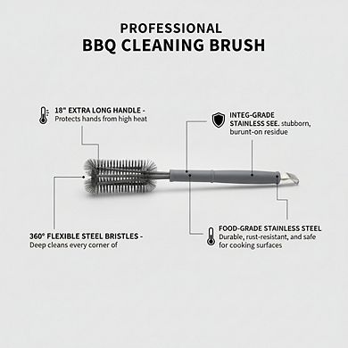 Stainless Steel BBQ Grill Brush 18", Wire Bristles with Comfort Grip & Scraper