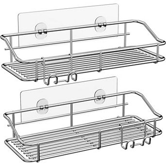 Shower Caddy Shelf Storage Rack Adhesive Without Drilling Stainless Steel with Hooks , 2 Pack