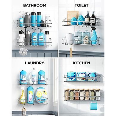 Shower Caddy Shelf Storage Rack Adhesive Without Drilling Stainless Steel with Hooks , 2 Pack