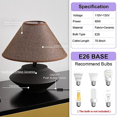 POWLIG Modern Ceramic Table Lamp with Black Matte Finish & Linen Shade, Unique Home Decor Lighting