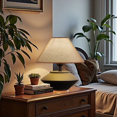 POWLIG Modern Ceramic Table Lamp with Black Matte Finish & Linen Shade, Unique Home Decor Lighting
