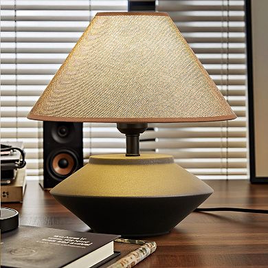 POWLIG Modern Ceramic Table Lamp with Black Matte Finish & Linen Shade, Unique Home Decor Lighting