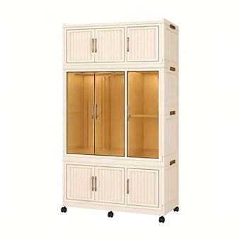 Portable Storage Wardrobe 9 Magnetic Doors 1 Hanging Rod Cream White