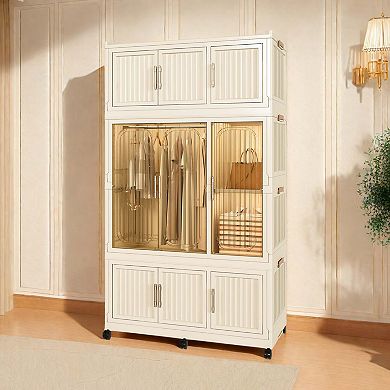 Portable Storage Wardrobe 9 Magnetic Doors 1 Hanging Rod Cream White