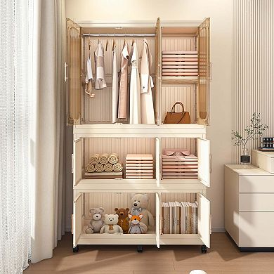 Portable Storage Wardrobe 9 Magnetic Doors 1 Hanging Rod Cream White