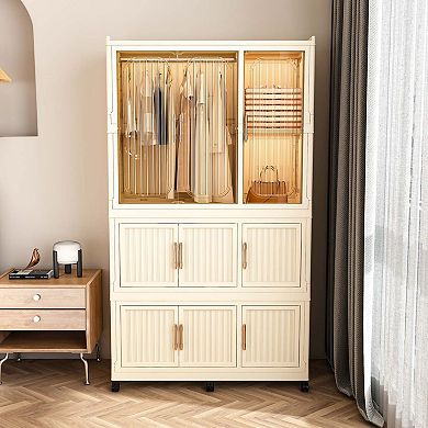 Portable Storage Wardrobe 9 Magnetic Doors 1 Hanging Rod Cream White