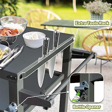 3 Shelf Outdoor Grill Cart with Wheels Food Prep Table with Tool Hooks and Propane Tank Hook