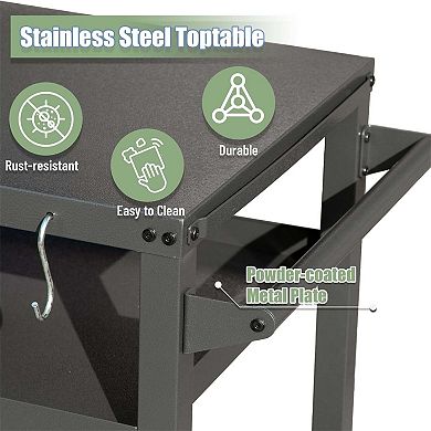 3 Shelf Outdoor Grill Cart with Wheels Food Prep Table with Tool Hooks and Propane Tank Hook