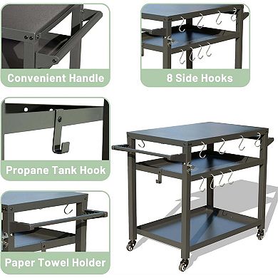 3 Shelf Outdoor Grill Cart with Wheels Food Prep Table with Tool Hooks and Propane Tank Hook