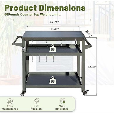 3 Shelf Outdoor Grill Cart with Wheels Food Prep Table with Tool Hooks and Propane Tank Hook