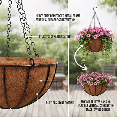 Boho Metal Wire Hanging Baskets 12", 3-Pack with Coco Liners for Outdoor Plants
