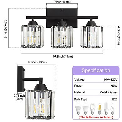 POWLIG 16.9" Modern Vanity Light - 3-Light Dimmable Bathroom Light with Square Crystal Shades