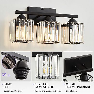 POWLIG 16.9" Modern Vanity Light - 3-Light Dimmable Bathroom Light with Square Crystal Shades