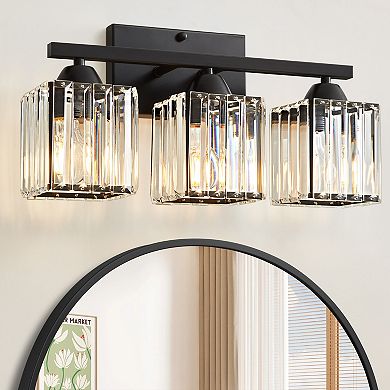 POWLIG 16.9" Modern Vanity Light - 3-Light Dimmable Bathroom Light with Square Crystal Shades