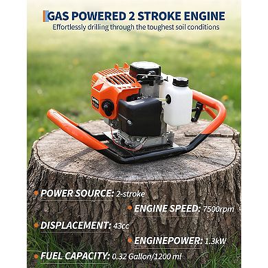 Gas Powered Post Hole Digger,43cc 2-Stroke Auger,8" Drill Bit, Manual Garden Tool Set