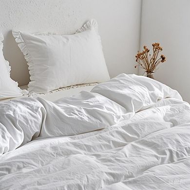 Linen Ruffle Duvet Cover Set Queen Size Breathable Comfort 2 Pillowcases