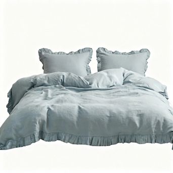 Linen Ruffle Duvet Cover Set Queen Size Breathable Comfort 2 Pillowcases