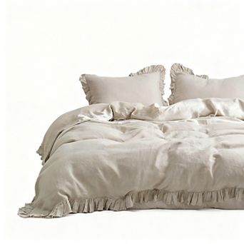 Linen Ruffle Duvet Cover Set Queen Size Breathable Comfort 2 Pillowcases