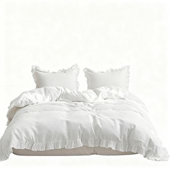 Linen Ruffle Duvet Cover Set Queen Size Breathable Comfort 2 Pillowcases