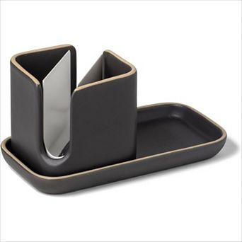 Ceramic Kitchen Sink Caddy 11", Modular Sponge & Brush Holder in Gray/White