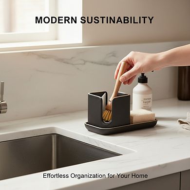Ceramic Kitchen Sink Caddy 11", Modular Sponge & Brush Holder in Gray/White