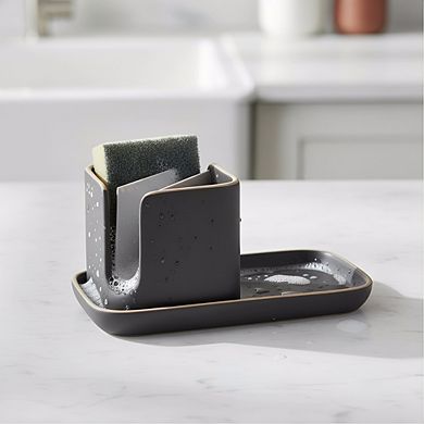 Ceramic Kitchen Sink Caddy 11", Modular Sponge & Brush Holder in Gray/White