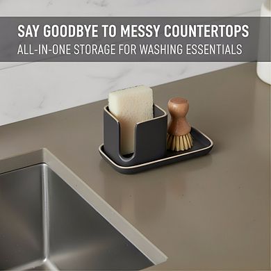 Ceramic Kitchen Sink Caddy 11", Modular Sponge & Brush Holder in Gray/White