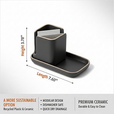 Ceramic Kitchen Sink Caddy 11", Modular Sponge & Brush Holder in Gray/White
