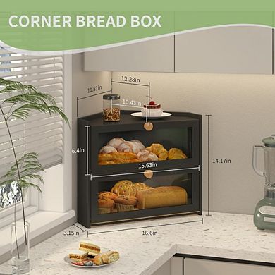 Great Ambitions Large Wooden Farmhouse Bread Box with Window, Corner Storage for Kitchen Countertop