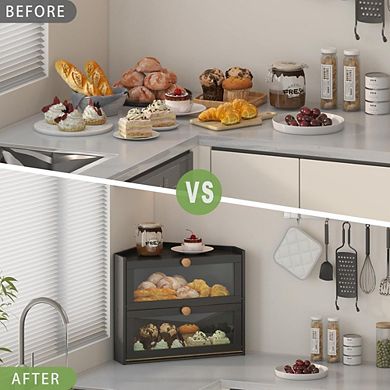 Great Ambitions Large Wooden Farmhouse Bread Box with Window, Corner Storage for Kitchen Countertop
