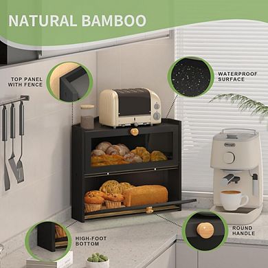 Great Ambitions Large Wooden Farmhouse Bread Box with Window, Corner Storage for Kitchen Countertop