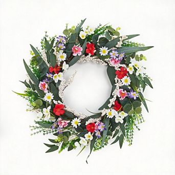 Artificial Flower Wreath 20 Inch Spring Summer Floral Decor Door Wreath Mixed Blooms for Wall Home