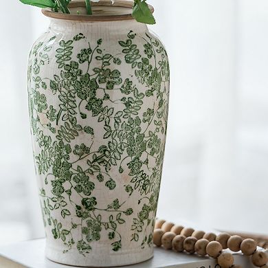 6.5x6.5x11.6" White Ceramic Flower Vase with Green Floral Pattern