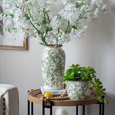 6.5x6.5x11.6" White Ceramic Flower Vase with Green Floral Pattern
