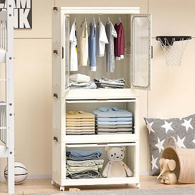Portable Wardrobe 4 Cubes Magnetic Doors Hanging Rod Clothes Storage Cream White