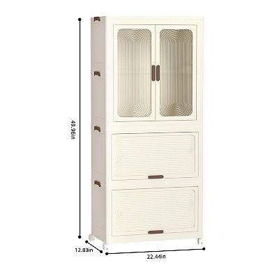 Portable Wardrobe 4 Cubes Magnetic Doors Hanging Rod Clothes Storage Cream White