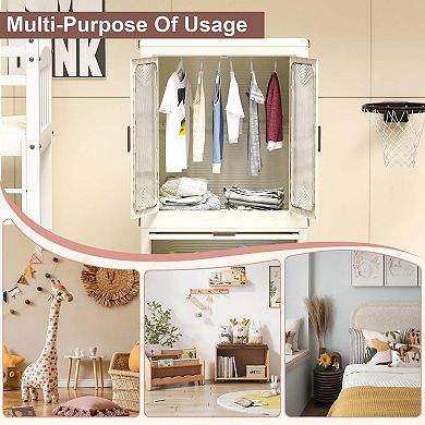 Portable Wardrobe 4 Cubes Magnetic Doors Hanging Rod Clothes Storage Cream White