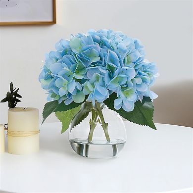 2 Silk Hydrangeas in Glass Vase with Faux Water