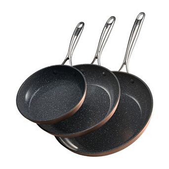 3 pc Frying Pan Aluminum Skillet Set 8 10 12 in Handle Pre-Seasoned Grey